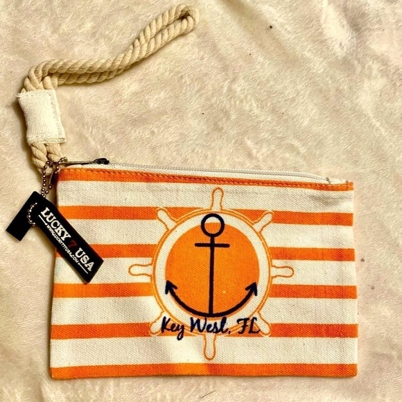 NWT Mini Bag Canvas Zip-Up Orange White Stripe Rope Lucky 7 Key West - Picture 1 of 8